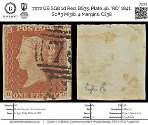 7272 GB SG8 1d Red. BS35. Plate 46. "RD" 1841. Sc#3 Mi3Ib. 4 Margins. C£38 - Picture 1 of 4