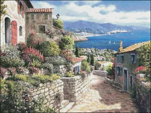 Kit punto croce contato ricamo completo artigianale cucito atmosfera piccola città - Foto 1 di 5