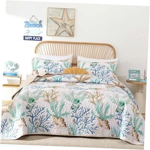 Coastal Quilt Set Queen Size Nautical Beach Quilt Queen(90"x96") Green - Picture 1 of 8