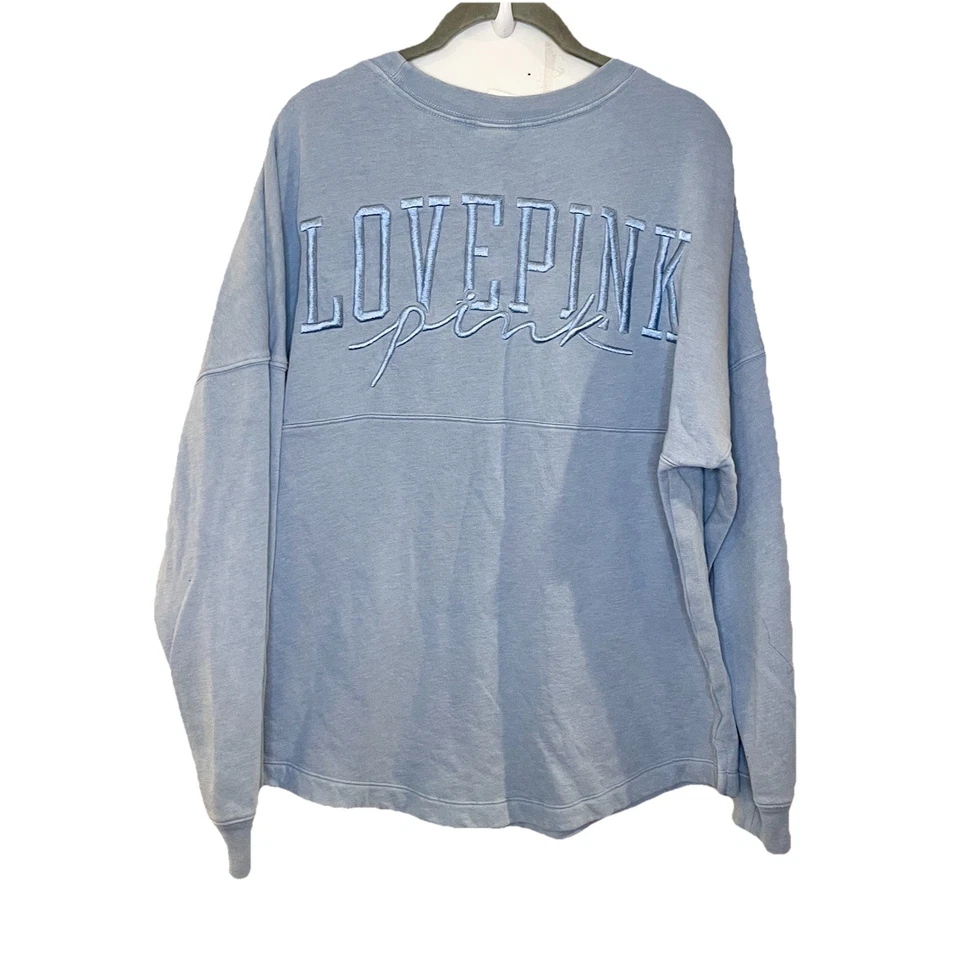 РОЗОВЫЙ Victoria Secret толстовка S вышитый светло-синий твердого экипажа EUC - Изображение 1 из 4