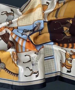 100% Silk 26" Square Scarf Women Neckerchief Wrap Brown Orange Horses Classic - Picture 1 of 4