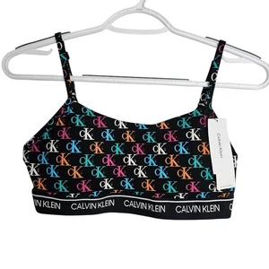Neu mit Etikett Calvin Klein Archive Logo leicht gefütterter Bralette-BH schwarz blau pink Größe M - Bild 1 von 5