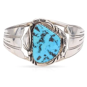 Vintage Herbert Tsosie Navajo Sterling Silver Turquoise Cuff Bracelet - Picture 1 of 7