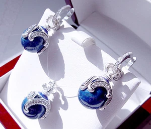 SALE ! OUTSTANDING ENAMEL PENDANT & EARRINGS SET STERLING SILVER GENUINE LAPIS - Picture 1 of 1