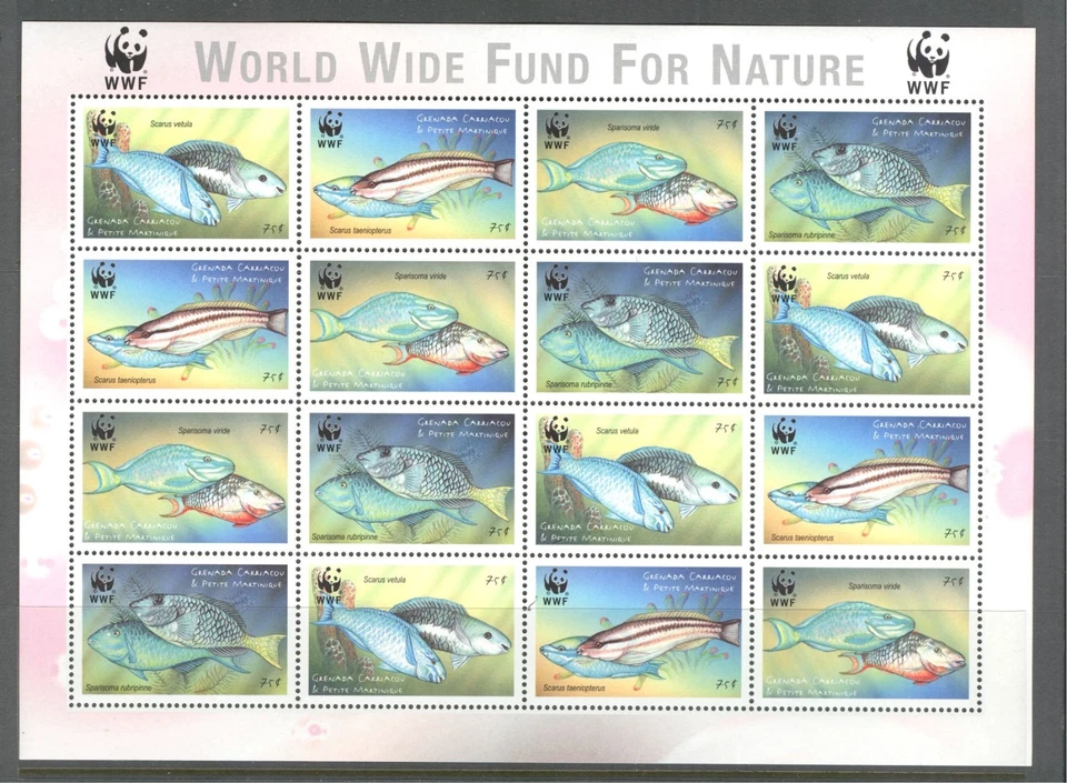 GRENADA GRENADINES 2001, FISH, W.W.F., Scott 2294 SHEET OF 4 SETS, MNH - Image 1 of 1