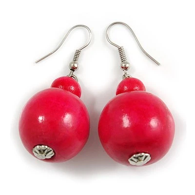 Round Wood Drop Earrings In Deep Pink - 50mm Drop - Image 1 of 4