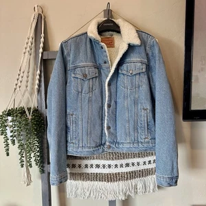 Levis Bomberjacke mit Kunstfellflor gefüttert Denim Damen Large blau Druckknopfleiste - Bild 1 von 4