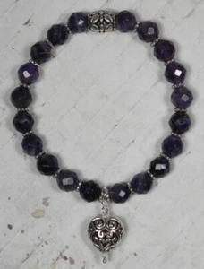 Amethyst Daisy Spacer Puffed Heart Charm Stretch Bracelet Handmade 7.5" New - Picture 1 of 4