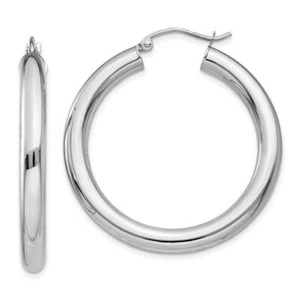 10K Solid White Gold 4mm Round Medium Hoop Earrings - Picture 1 of 5