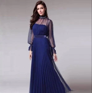 Vestido Largo Vintage Ajustado Medio Cuello Alto Fiesta Azul Vestido Cena Falda - Imagen 1 de 9