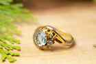 Size 7 18kt Gold plated Estate blue glass stone Gem Ring Diamond Cut