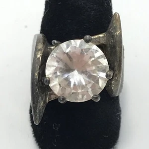 Vintage Silver & Huge Round Cut Cubic Zirconia Bold Unique Design Ring sz 6.5 - Picture 1 of 13