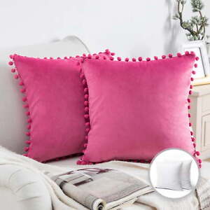 Throw Pillow with Inser Silky Velvet Series Pom Pom Decorative pillow 2 Pack