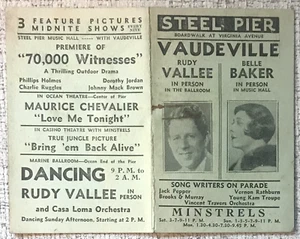 ATLANTIC CITY STEEL PIER AD CARD 1930'S RUDY VALLEE, BELLE BAKER, CHEVALIER (#2) - Picture 1 of 2