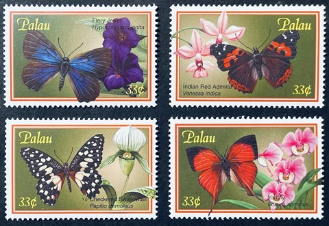 PALAU BUTTERFLY STAMPS SET 4 MNH 2000 FIERY JEWEL SWALLOWTAIL INSECT FLOWER BUGS Cover