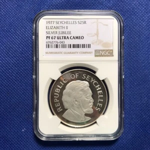 NGC-PF67UC 1977 SEYCHELLES 25 RUPEES-ELIZABETH II SILVER JUBILEE-SILVER PROOF - Picture 1 of 4