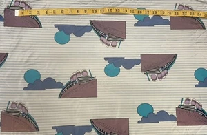 VINTAGE 1970’s ART DECO SHIPS & CLOUDS FABRIC 2+ YARDS - Picture 1 of 2