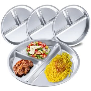 4 Pack 304 Stainless Steel Plates for Kids 8 Inch 3 Section Round Divided Pla... - Picture 1 of 9