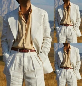 2Pcs White Linen Men's Suits Fashion Leisure Tuxedos Wedding Groom Prom Blazer - Picture 1 of 7