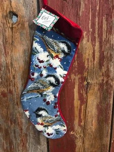 Handmade Wool Needlepoint Christmas Stocking Chickadee Birds 21" New........z5 - Picture 1 of 4