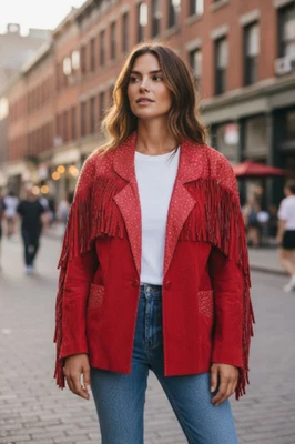 Vintage Avanti Jacket Women's Large Red Fringe Westerncore Leather 80s Cowgirl - Image 1 of 4