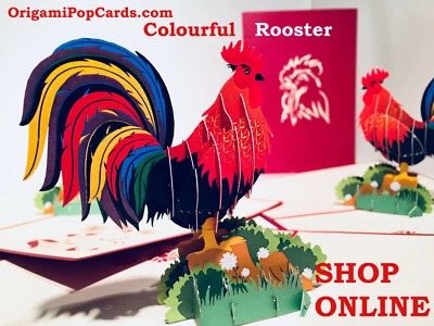 ORIGAMIPOPCARDS.COM Origami Pop Cards Metallic Colourful Rooster 3D Pop Up Greeting Card 12x17cm