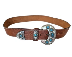 VINTAGE Brown Leather Western Belt with Turquoise Buckle 36" Cowgirl Italy - Picture 1 of 6