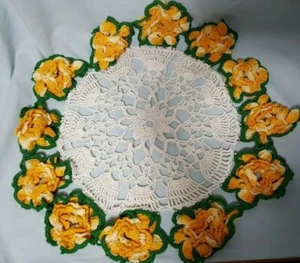 Two  Antique Hand made Crochet Doily White, 2-tone Flower with Green Leaves 15"  - Picture 1 of 2