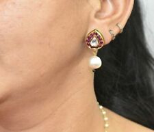 Vintage Uncut Diamond , Ruby And South sea Pearl 22Kt Gold Earrings