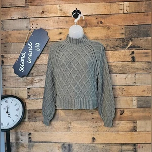 American Eagle Women's Green Mock Turtleneck Diamond Knit Cropped Sweater Size S - Picture 1 of 14