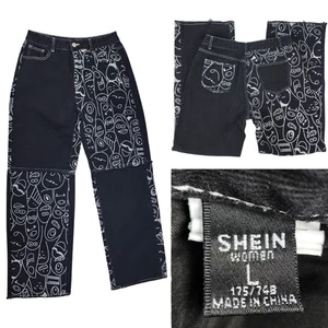 Shein Damen Large 28x30 High Waist schwarz Raw Cut Denim Jeans Cartoon Grafik - Bild 1 von 12