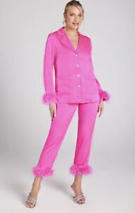 New NADINE MERABI Darcie Women's Pajamas Long Sleeve Feather Trim Pink Sz S