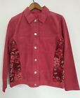 Women's Denim & Co Red Leather Washable Floral Print Fabric Button Jacket Coat S