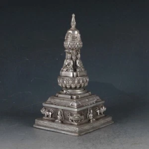 Colecciona Antiguo Tíbet Plata Tallada León Buda Pagoda Stupa Torre Estatua 21171-1 - Imagen 1 de 8