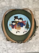 Woven Pie/Dessert Basket With Wood Lid/Liner/Handles 12” Snowman/Holiday/Winter