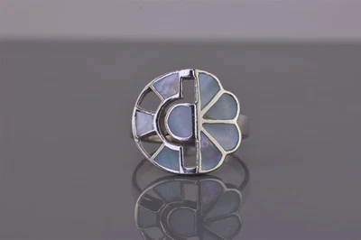 Anillo de plata esterlina con mosaico azul madreperla banda con flores 925 talla: 9 Foto 1 de 4