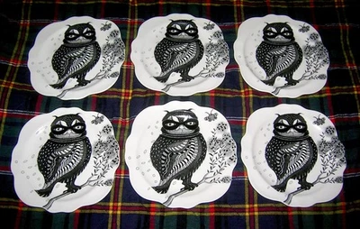 Anthropologie Conjunto de 6 Pratos Florence Balducci "Wild Masquerade" Coruja Canape P&B - Imagem 1 de 4