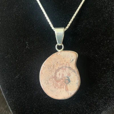 Collar Colgante Fósil Amonita Plata de Ley 22" Cadena Cuerda 925 Hecho a Mano Foto 1 de 4