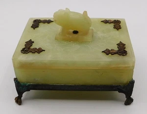 VTG Antique Hand Carved Chinese Green Jade Hard Stone Bronze Trinket Box Casket - Picture 1 of 24