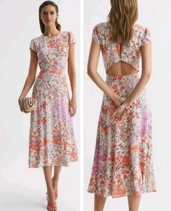 Vestido midi fluido REISS Luna rosa floral prado recortado espalda talla 8  - Imagen 1 de 10