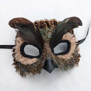 Owl Masquerade Mask Brown Bird Feathered Handmade Costume Halloween Eyemask - Picture 1 of 6