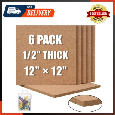 Cork Board 12"X12"  1/2" Thick Square Bulletin Boards 6 Pack Cork Tiles with 50 - Image 1 of 4