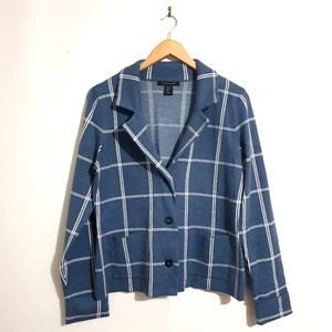 Tahari Cardigan Jacket Sz L Blue White Check Knitted Button Front Collar Pockets - Picture 1 of 7