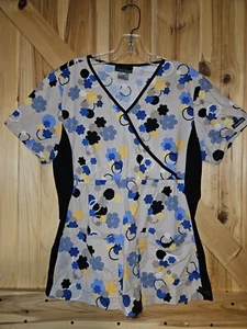 Cherokee Scrub Top Gray Pink Floral Side Stretch Women's M V-neck Cinch Waist - Picture 1 of 5
