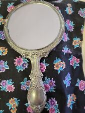 Vintage Art Deco Victorian Style Silver Pl. Metal Round Hand Mirror Heavy 9 1/2"