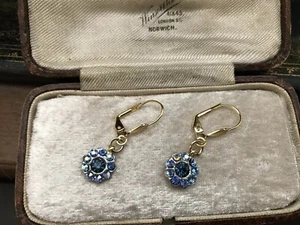 Pendientes perforados colgantes vintage Montana azul y cristal zafiro detalle hoja - Imagen 1 de 7