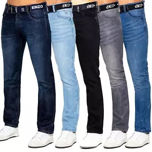 Enzo Straight Leg Jeans Herren Regular Fit Gürtel Denim Hose Pants UK Größen - Bild 1 von 38