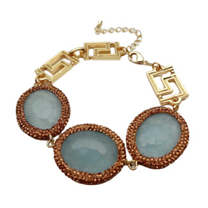 Gray Jade Oval Shape Rhinestone Pave Gold Plated Chain Beads Bracelet