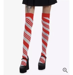 Candy Cane Thigh High Stockings Christmas Woman’s Hosiery Red & White Socks - Picture 1 of 3