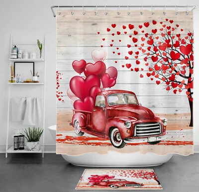 Juego de cortinas de ducha rojo retro camión feliz día de San Valentín para decoración de baño Foto 1 de 4